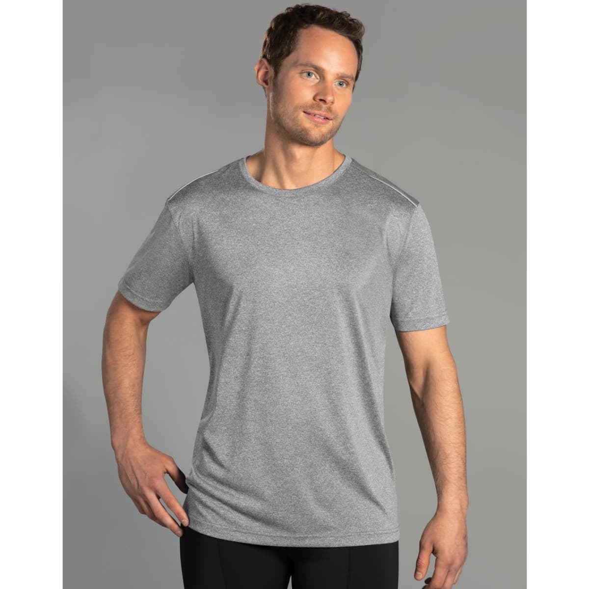 A grey short sleeve tee for men, featuring a subtle logo and a sleek, lightweight design.