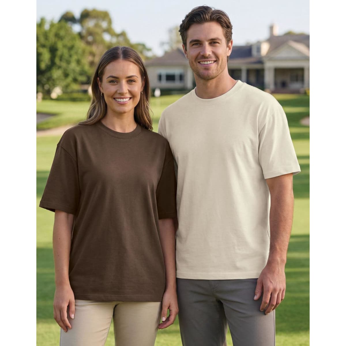 A brown and a cream unisex heavy cotton oversized tee worn by two models in an outdoor setting.