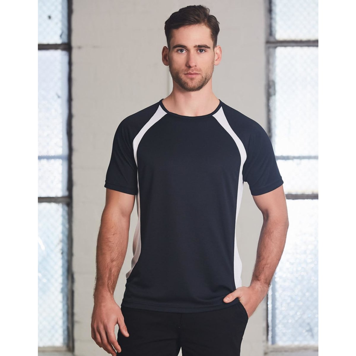 A black men's T-shirt with white side panels, featuring a logo on the front.