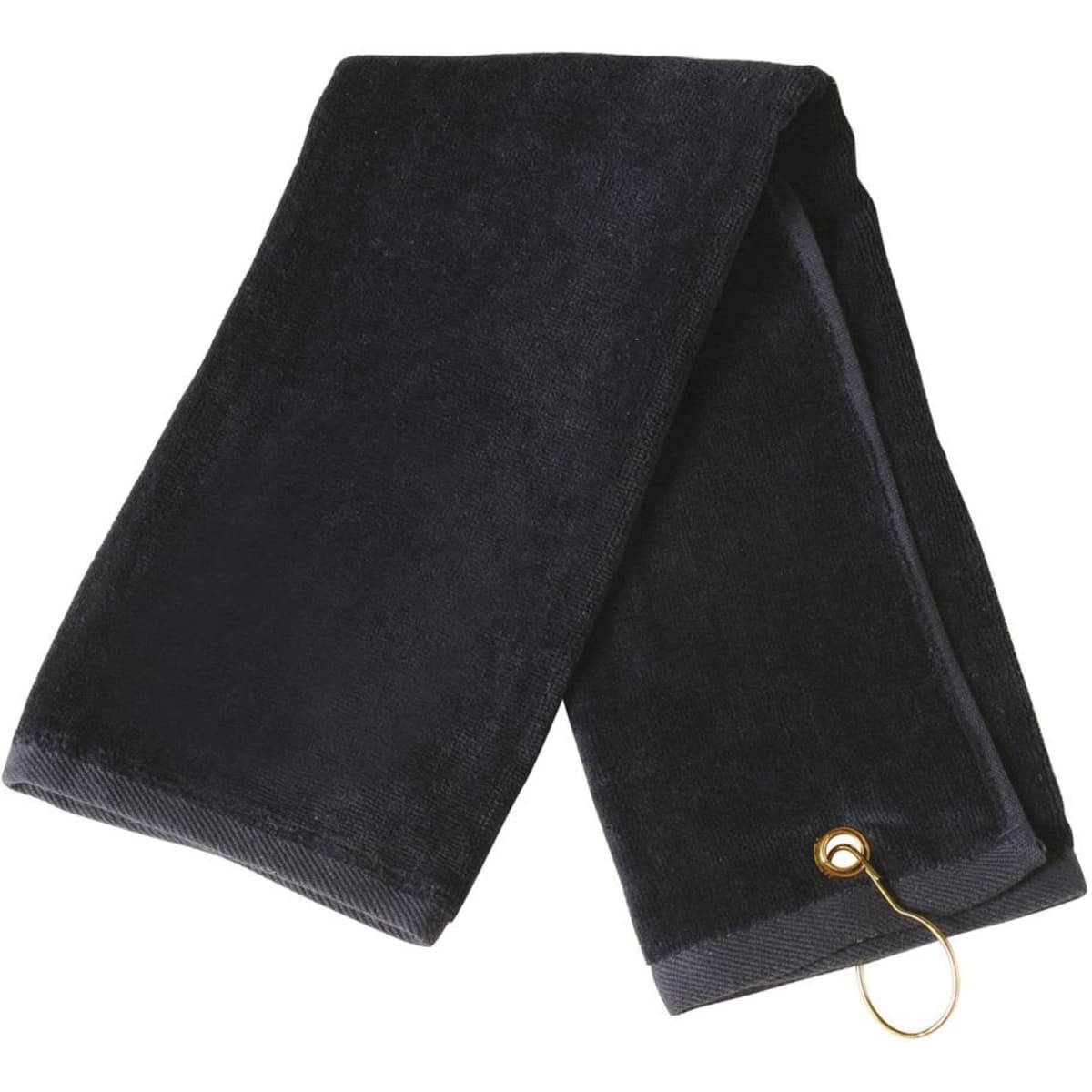 A black golf towel with an eyelet hook, measuring 38 x 65 cm, features a simple design and soft texture.