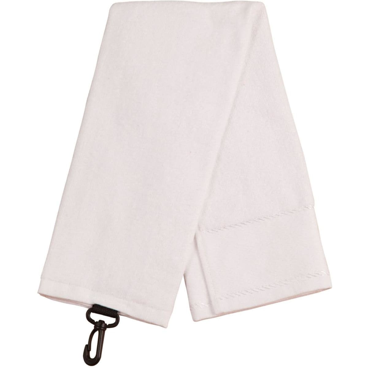 A white golf towel with a hook for attaching. It features a simple design and is made from absorbent material.