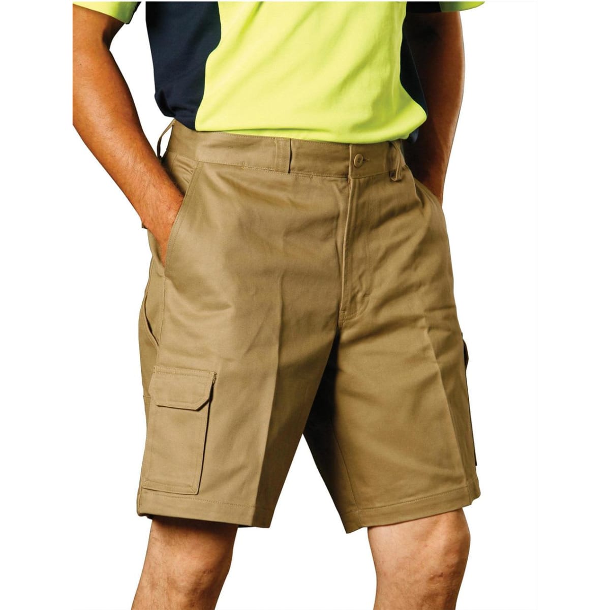 A pair of khaki men's heavy cotton drill shorts with cargo pockets, featuring a branding logo.
