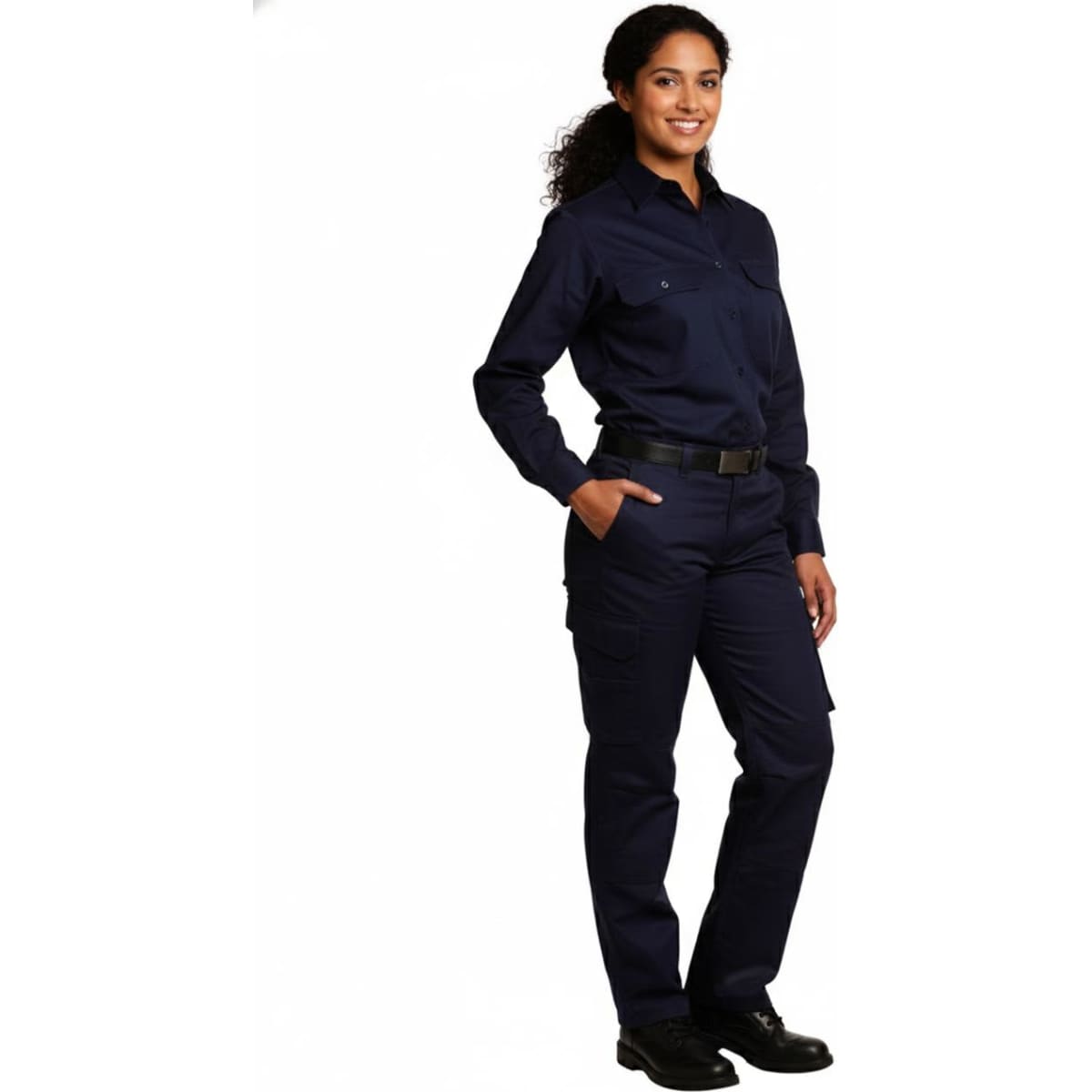 Ladies' heavy cotton pre-shrunk navy cargo pants with multi-functional pockets, styled with a matching shirt.
