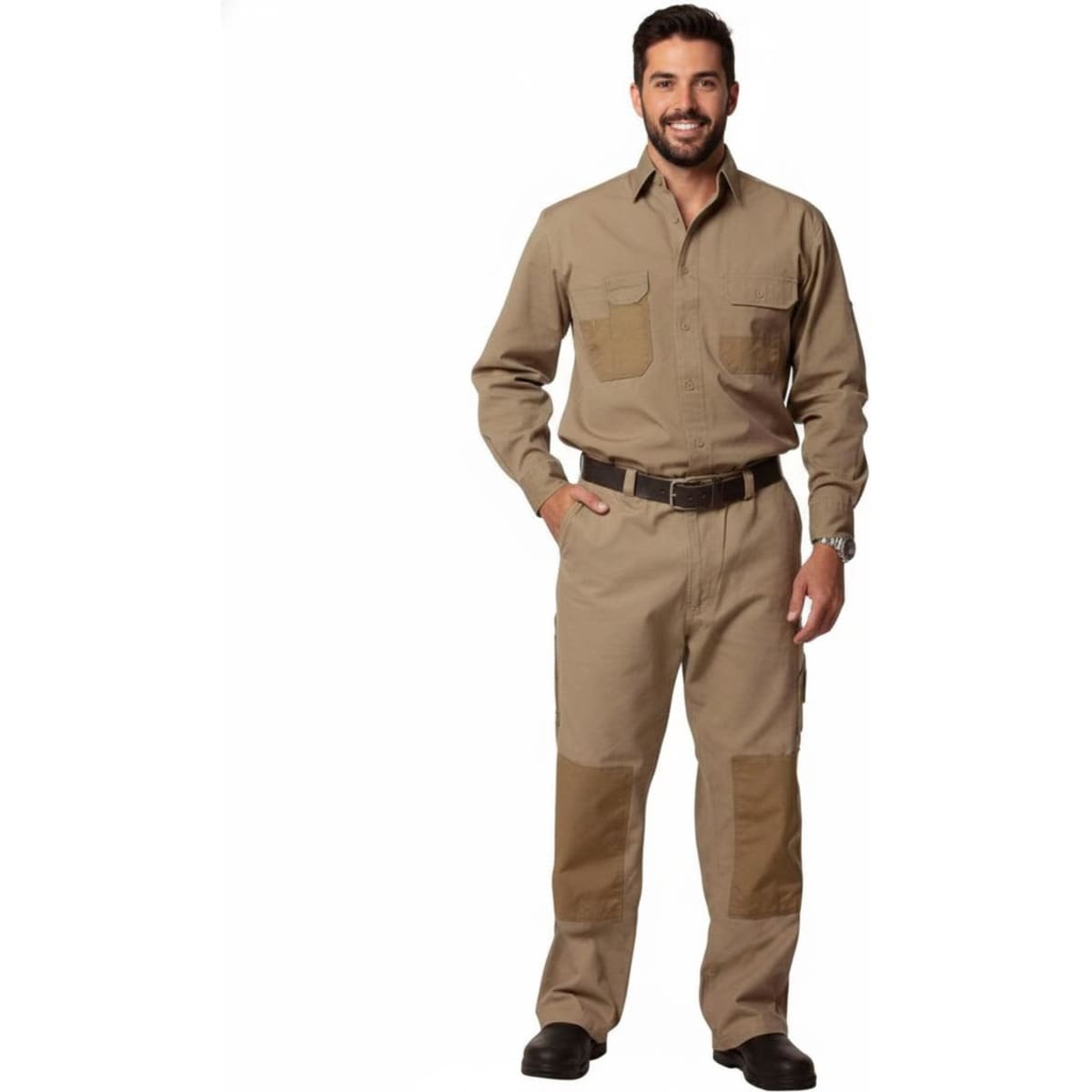 A man stands wearing khaki work pants with reinforced patches, accompanied by a matching shirt and belt, featuring a branding logo.