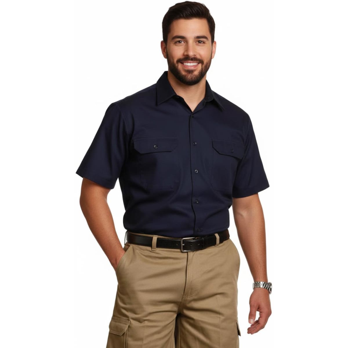 A navy short-sleeved cotton work shirt with two chest pockets, worn by a smiling man.