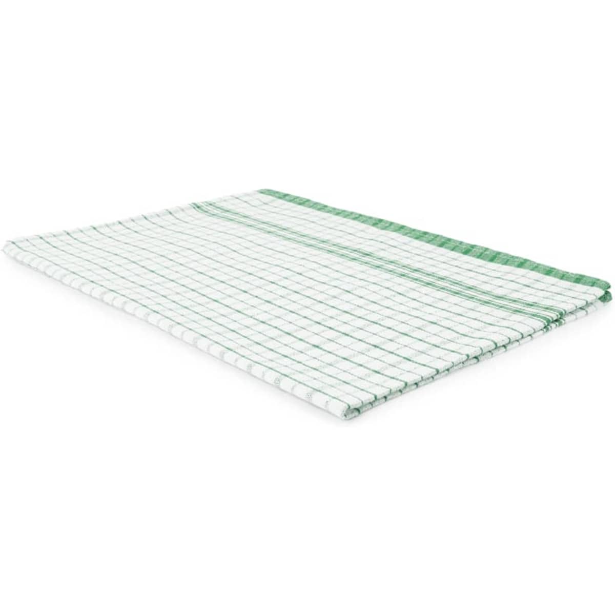 A green check patterned tea towel made of 100% cotton, featuring a green border and a grid design.