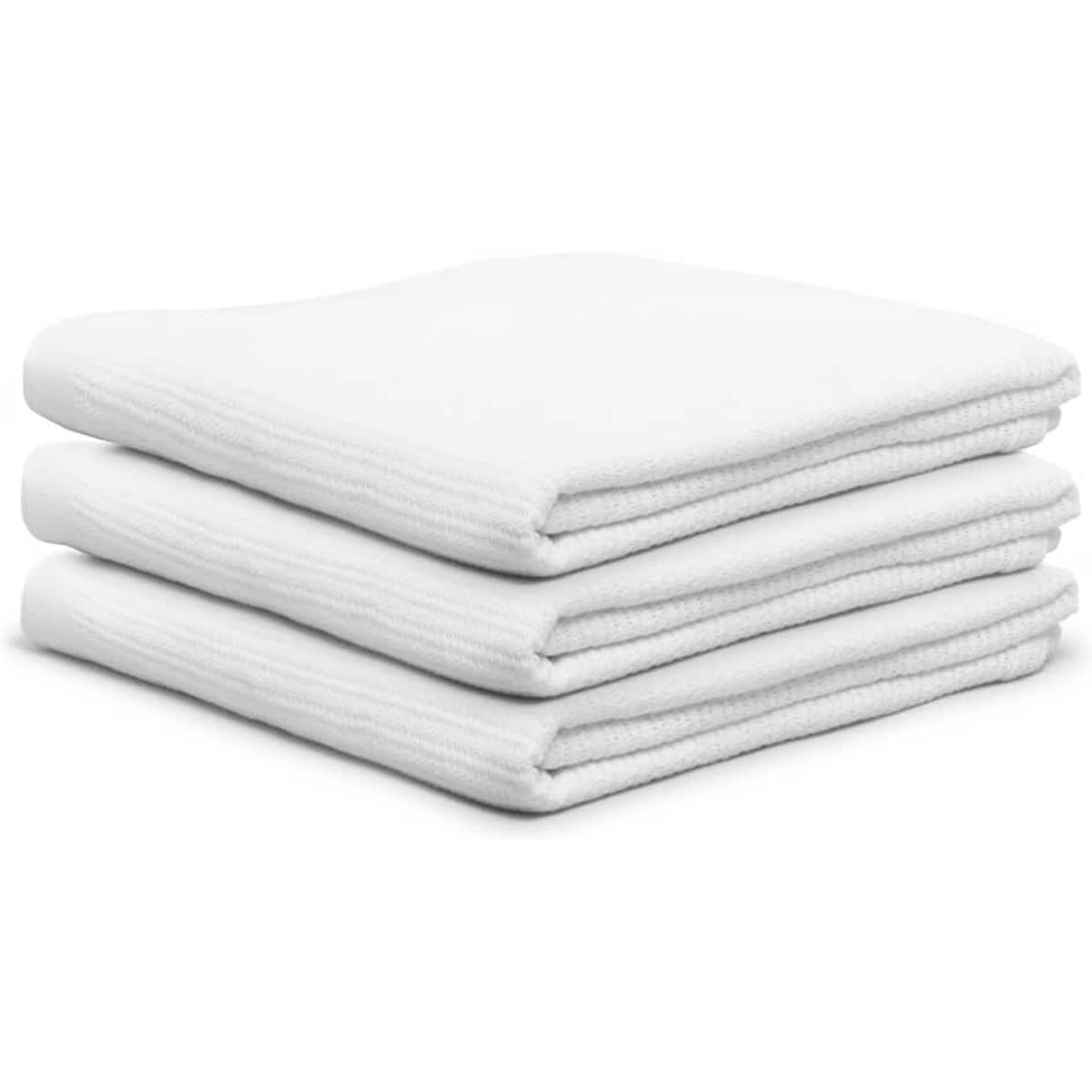 A stack of three white cotton cellular blankets, featuring a textured design.