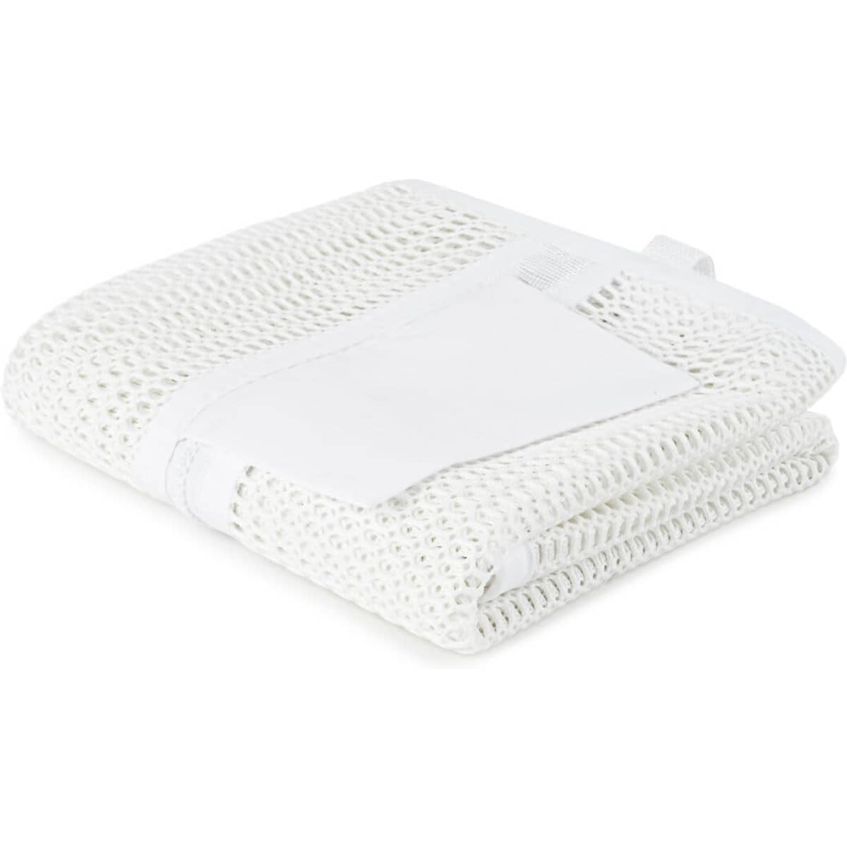A white mesh wash bag neatly folded with a secure fastening strap. It features a solid section for items.
