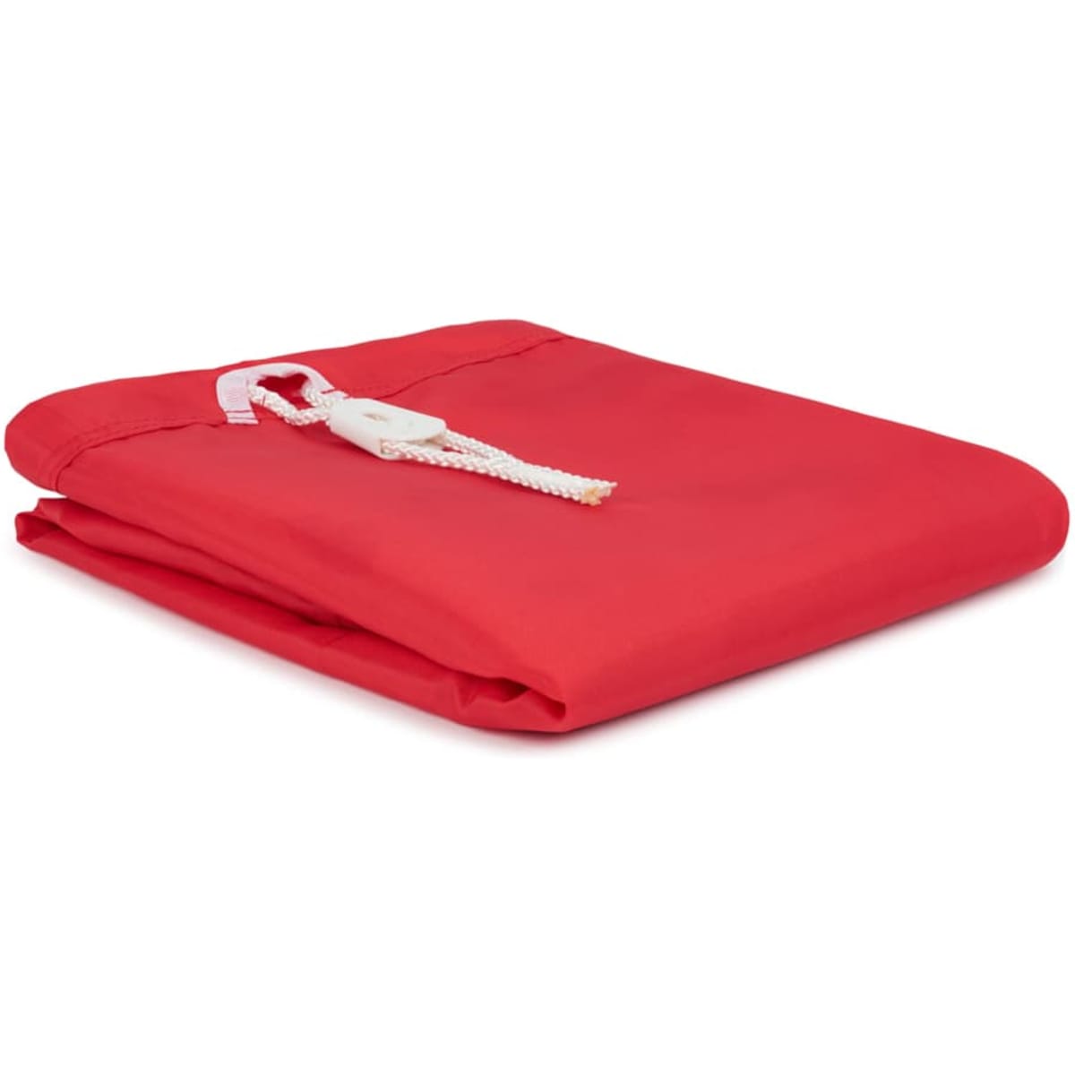 A red laundry bag made of 100% polyester, featuring a zip closure and a small branding logo.