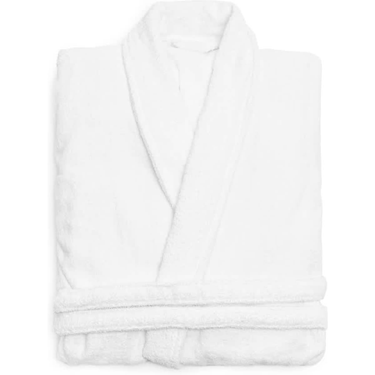 A white lightweight terry bathrobe folded neatly with a waist tie and collar. It features a logo.