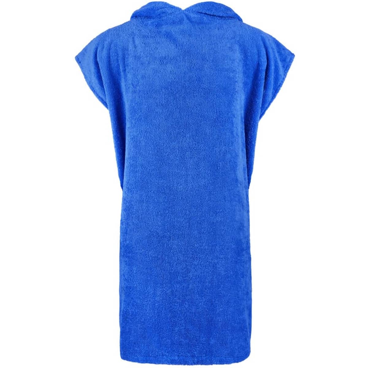 A blue hooded towel with short sleeves, designed for easy wearing and drying off. It features a simple, textured fabric.