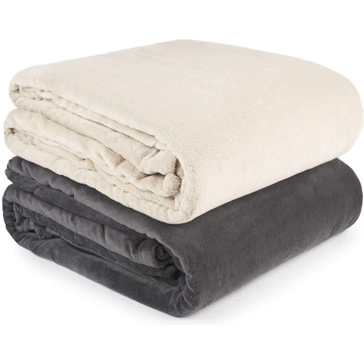 Two stacked deluxe plush blankets in cream and dark grey, featuring a soft, cozy texture.