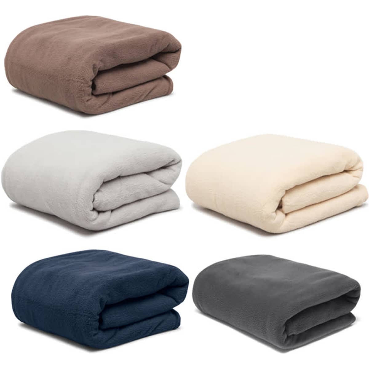 A collection of Fibresmart Thermalux Blankets in brown, light grey, cream, navy, and dark grey, neatly folded. Each features a branding logo.