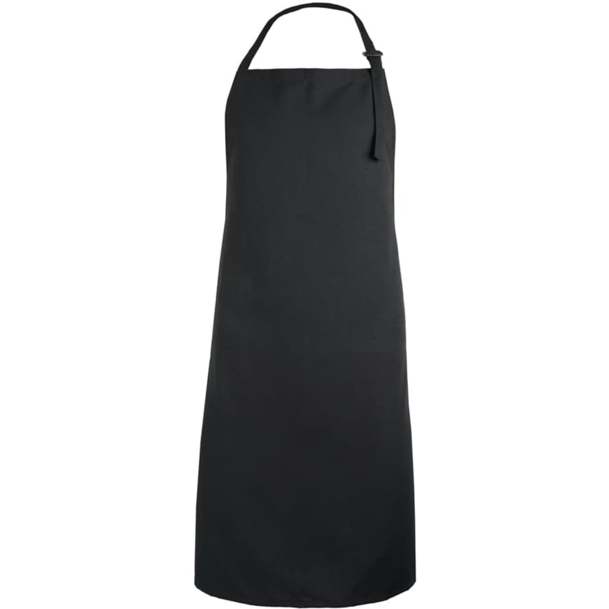 A black apron bib with a neck tie and no decorative elements, designed for practical use.
