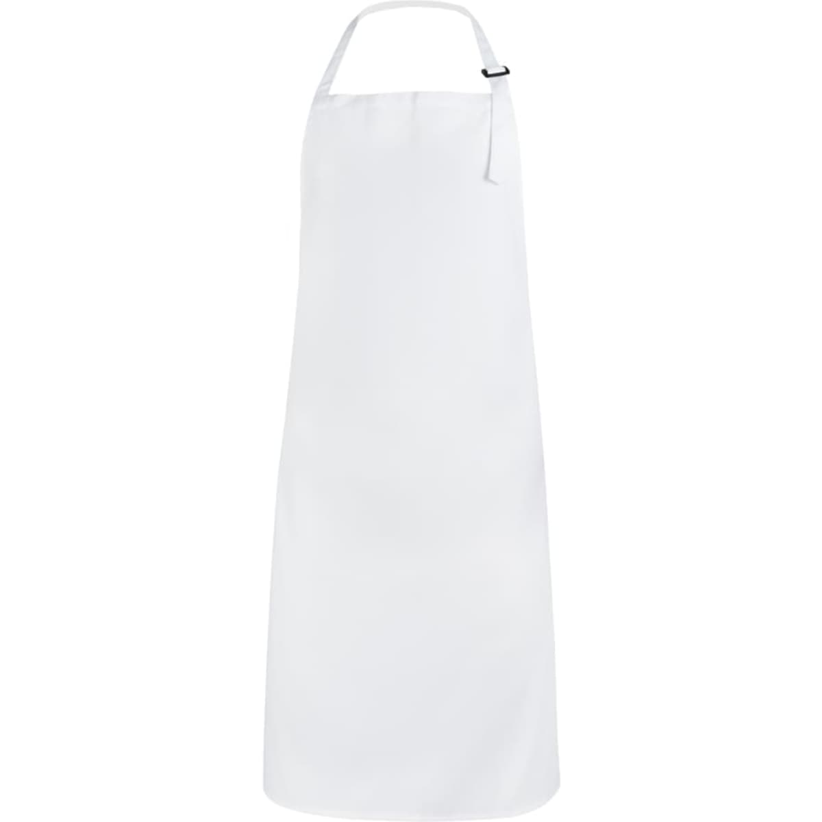 A white apron bib featuring a neck strap and minimal design. It includes a logo on the fabric.