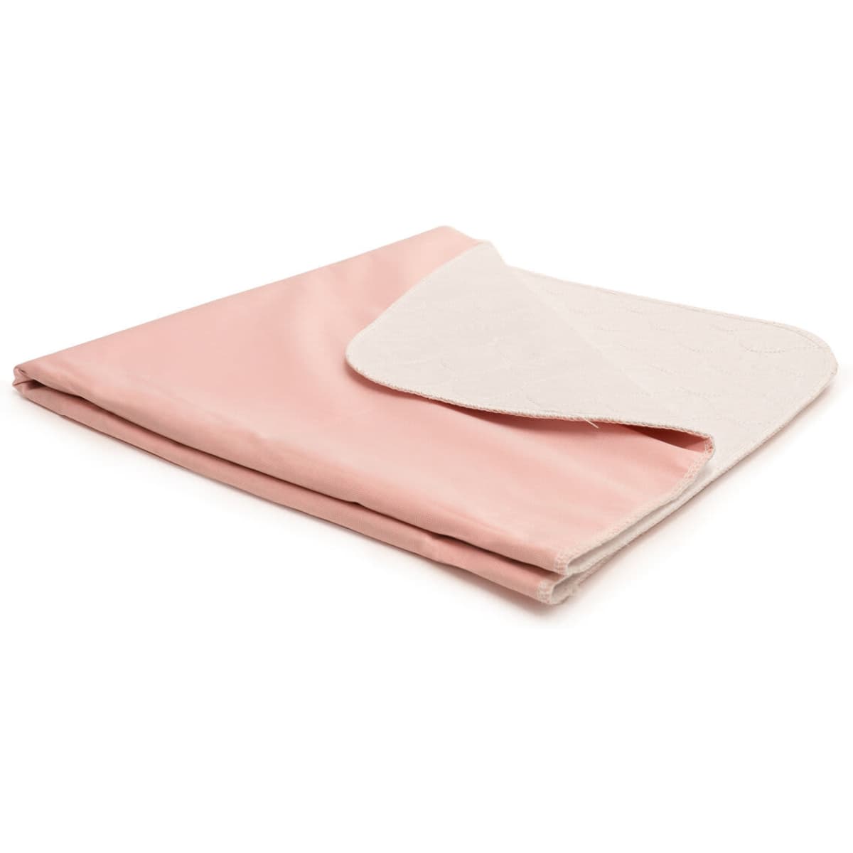 A reusable bed pad in pink with a white underside, folded neatly. The product features a logo.