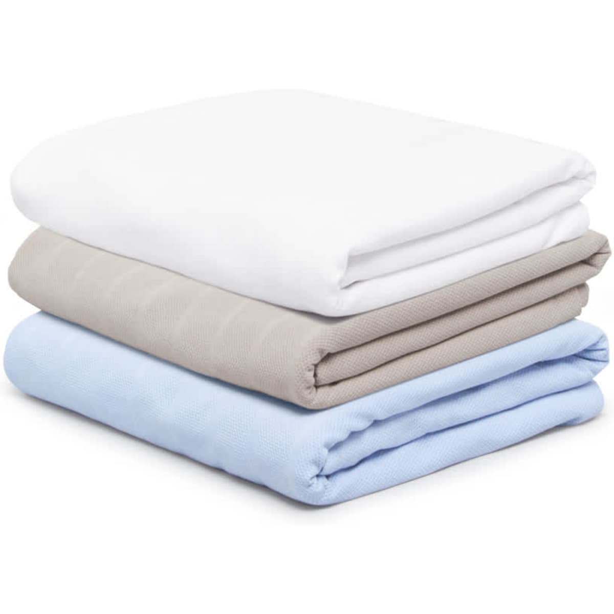 Three folded blankets in white, beige, and light blue stacked neatly. The blankets have a soft texture and branding.