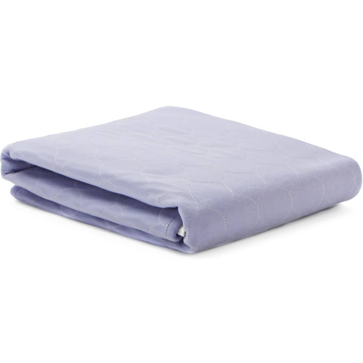A folded reusable bed pad in lavender colour with a quilted texture and tuck-in design. Features a logo.