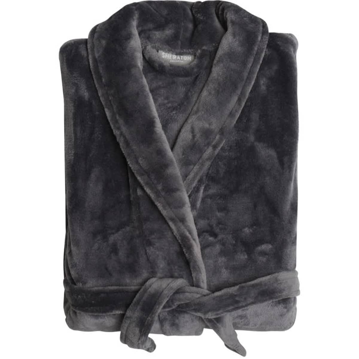 A charcoal grey deluxe microfibre robe, soft and plush, featuring a belt and a shawl collar.