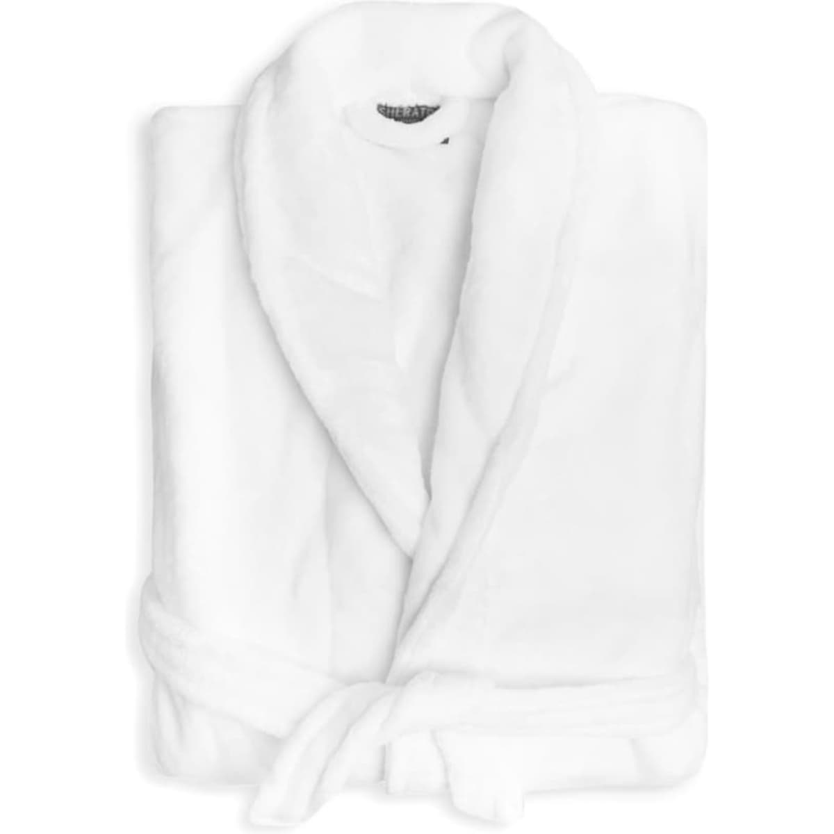 A folded white deluxe microfibre robe with a belted waist and shawl collar, featuring a logo.