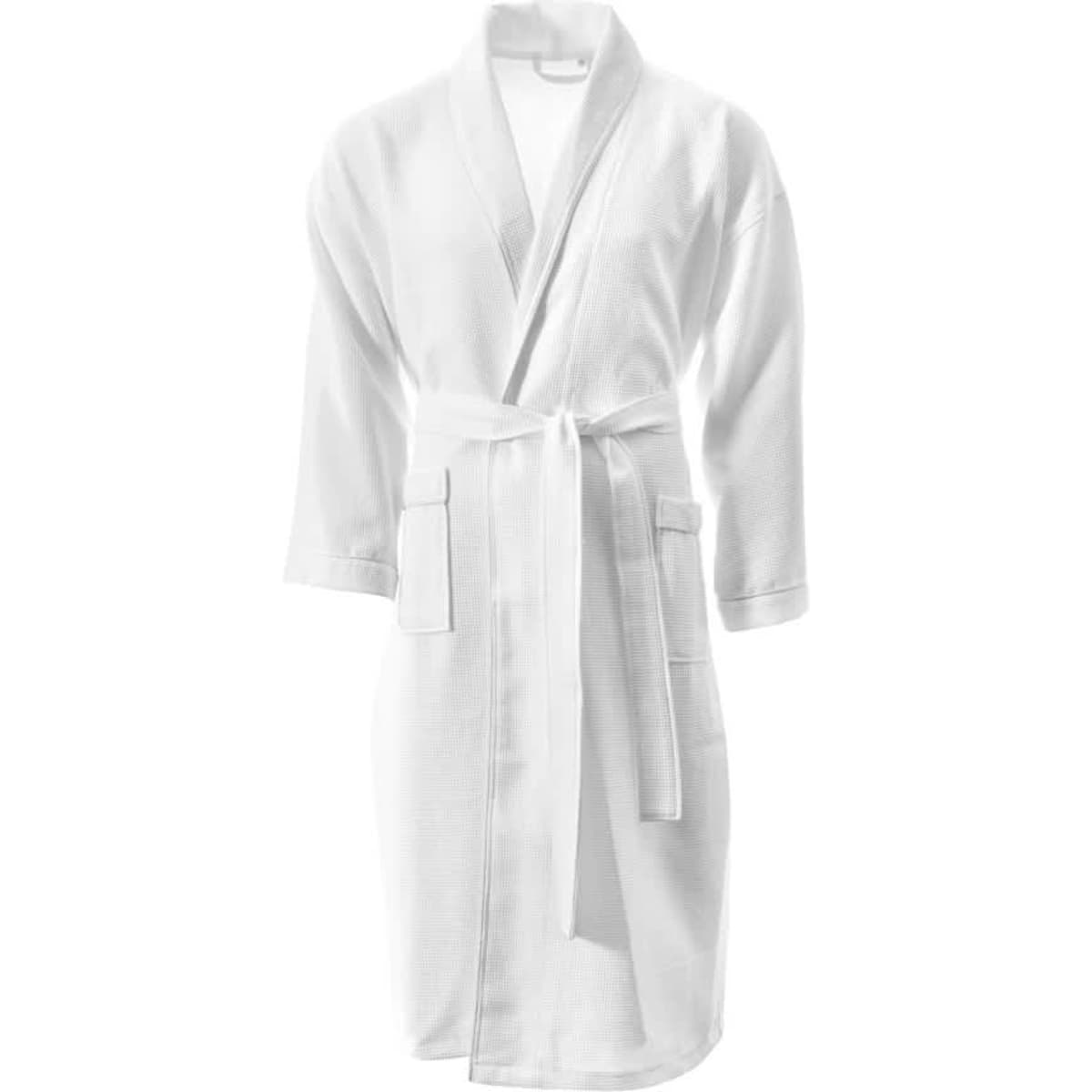 A white waffle bathrobe with a belt, featuring long sleeves and pockets on the front.