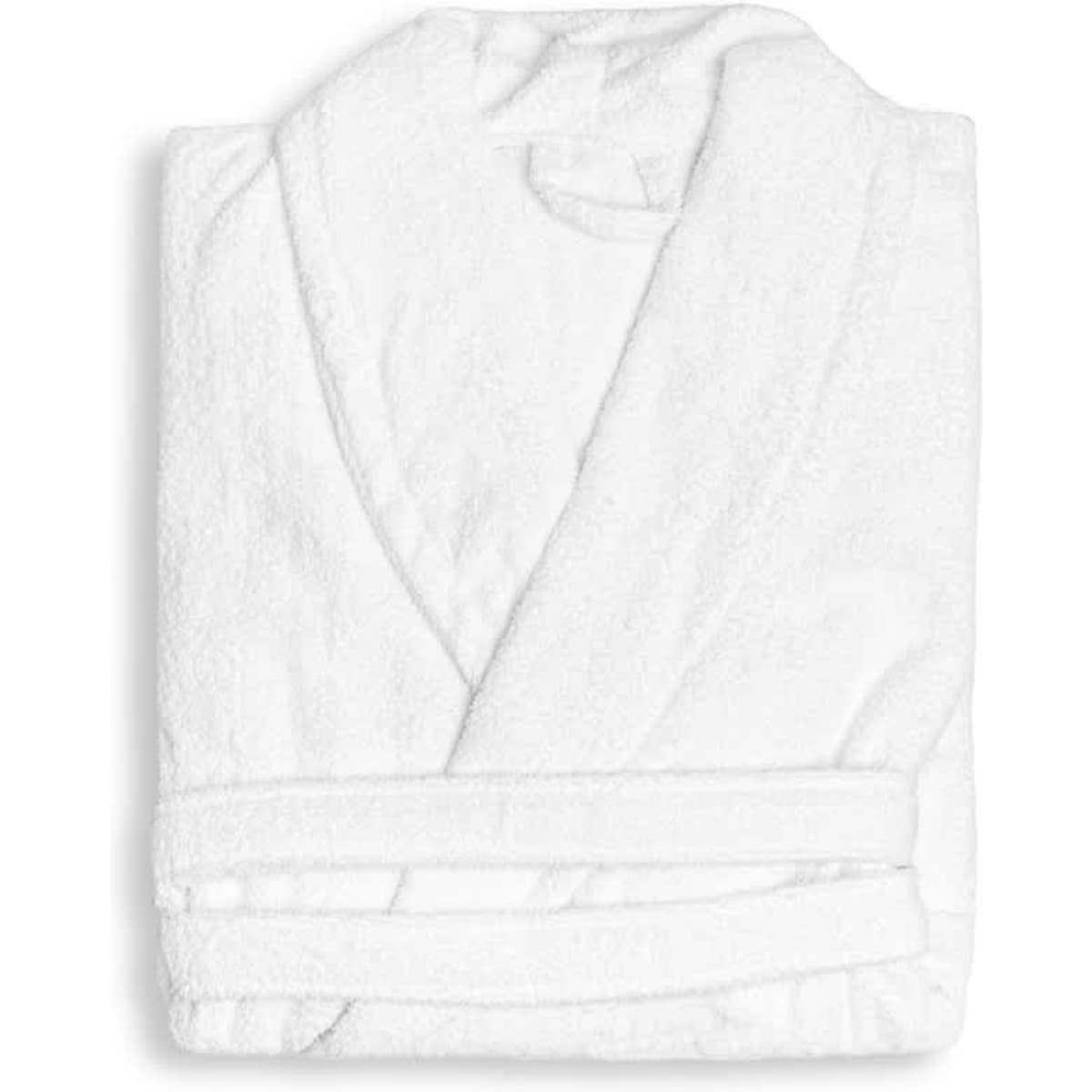 A white executive terry bathrobe, neatly folded, featuring a soft texture and a belt. It has a logo on the design.
