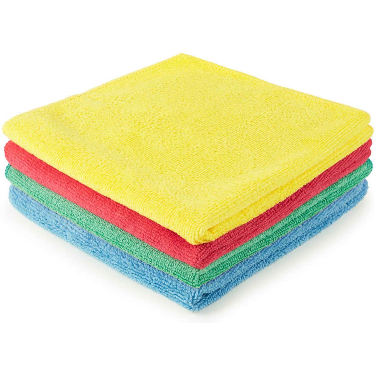 A stack of four microfibre cleaning cloths in yellow, red, green, and blue, featuring a textured surface.
