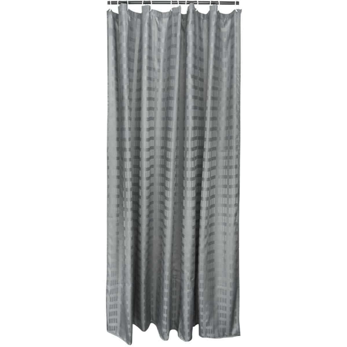 A shower curtain in charcoal with a box stripe pattern, made from 100% polyester. Includes a logo at the top.