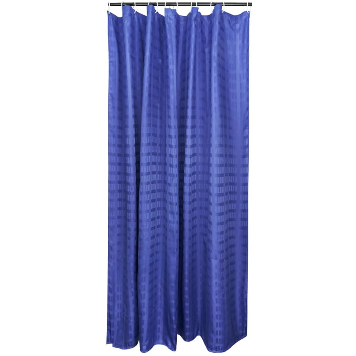 A shower curtain in a box stripe design, made of 100% polyester, featuring a navy blue colour.
