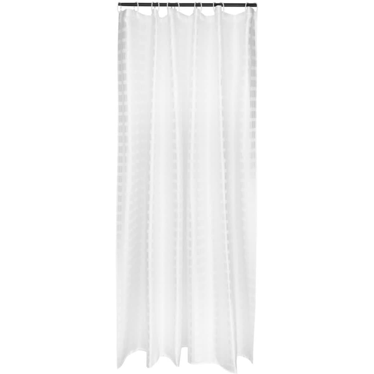 A shower curtain in white with a box stripe design, made of 100% polyester. It features a hanging mechanism.