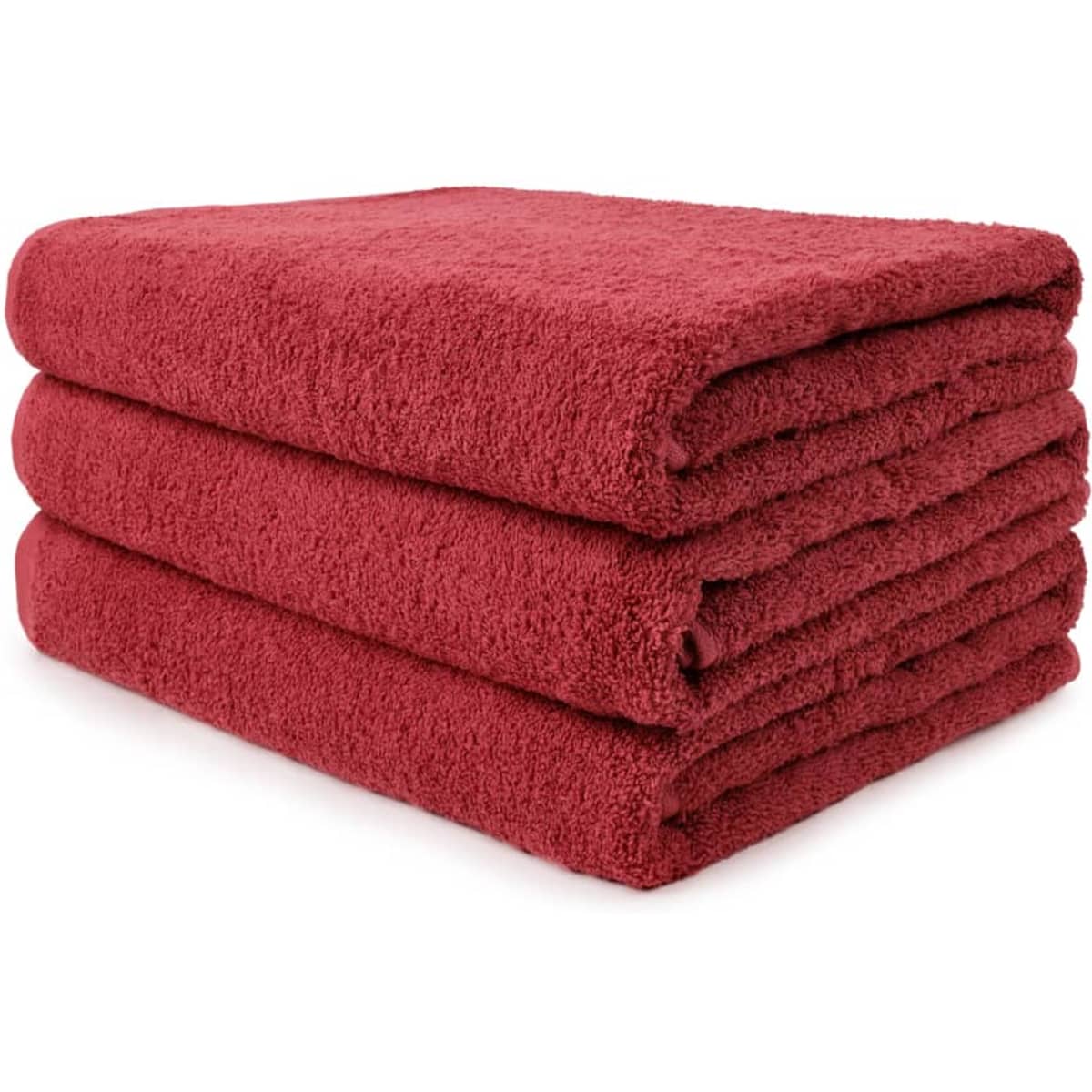 Three stacked bath sheets in a rich red hue, featuring a soft, plush texture. The towels are neatly folded.