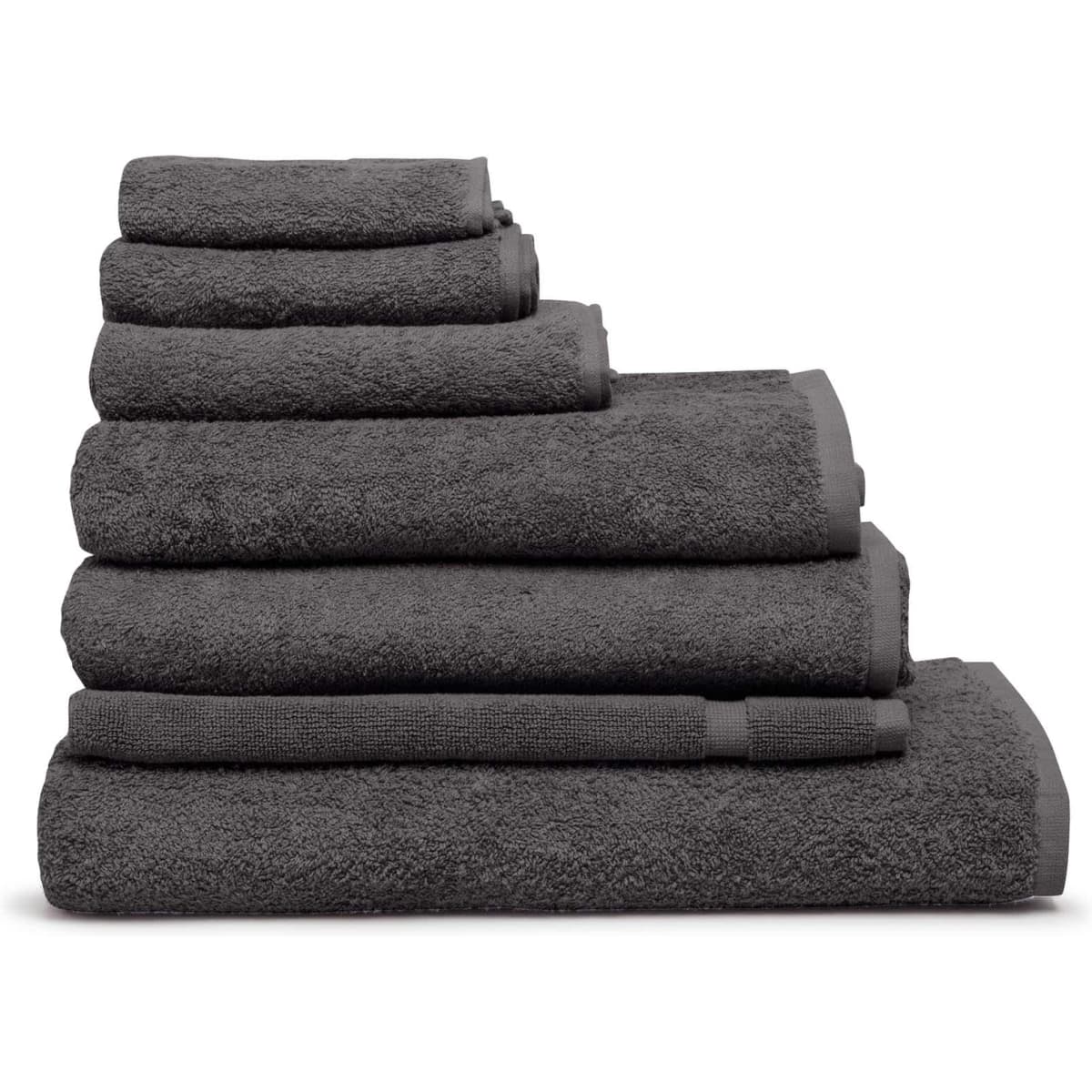 A stack of grey towels in various sizes, showcasing a plush texture and a simple design. The image includes branding.