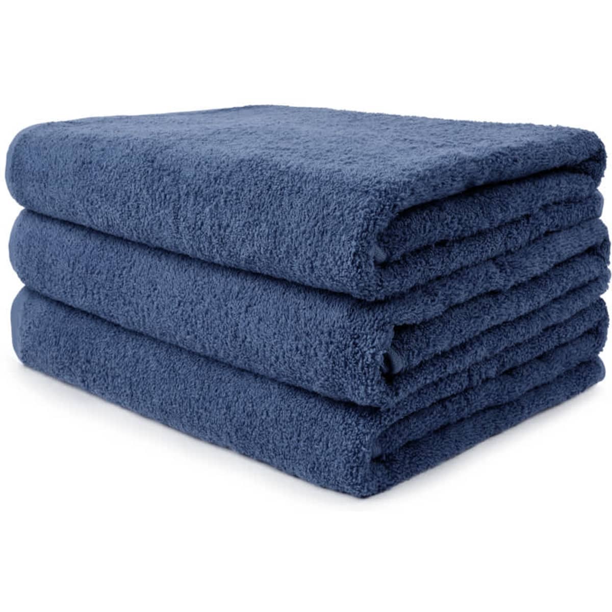 A stack of three navy blue bath towels, featuring a soft, plush texture. The towels appear fluffy and thick.