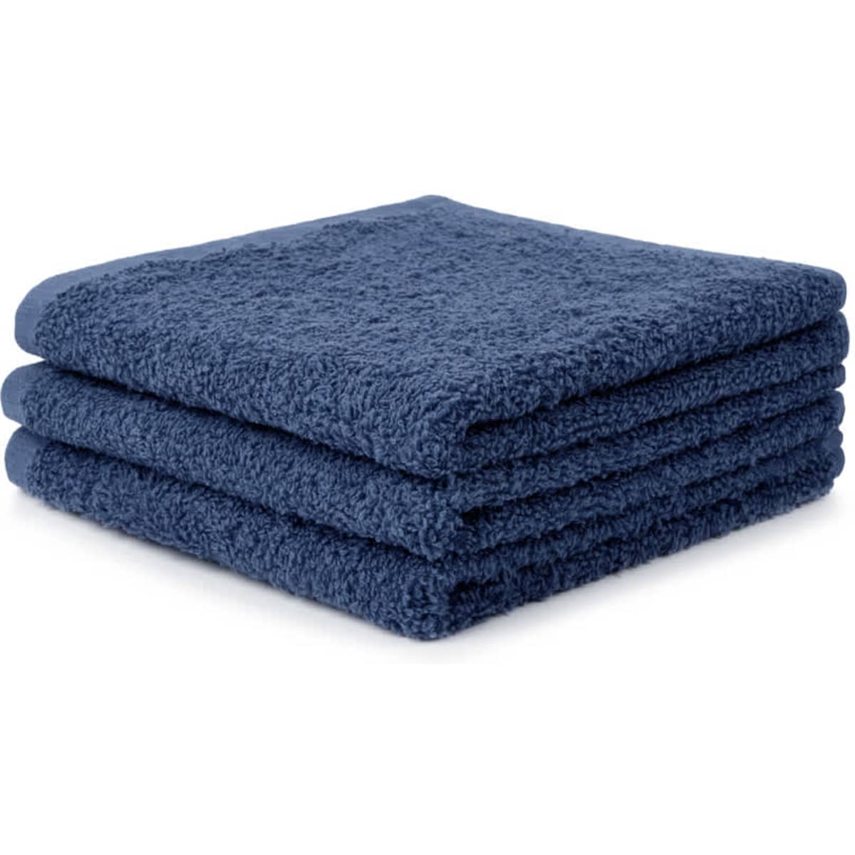 Three navy blue face washers stacked neatly, featuring a plush texture and a soft finish.