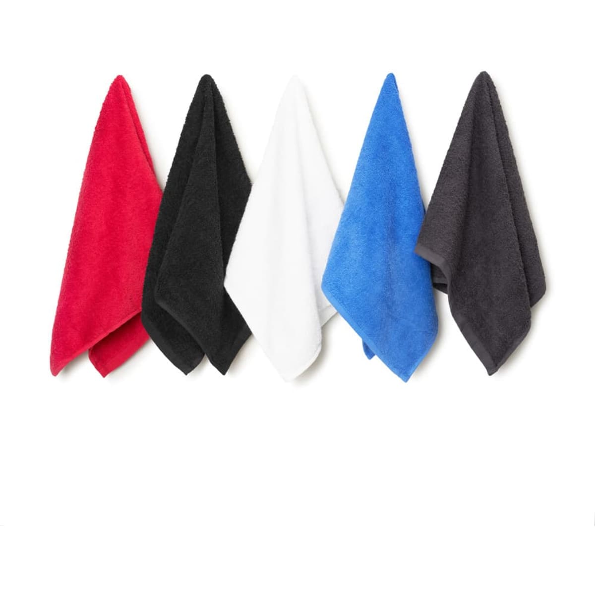A set of small hand towels in red, black, white, blue, and dark grey, featuring various textures and a logo.
