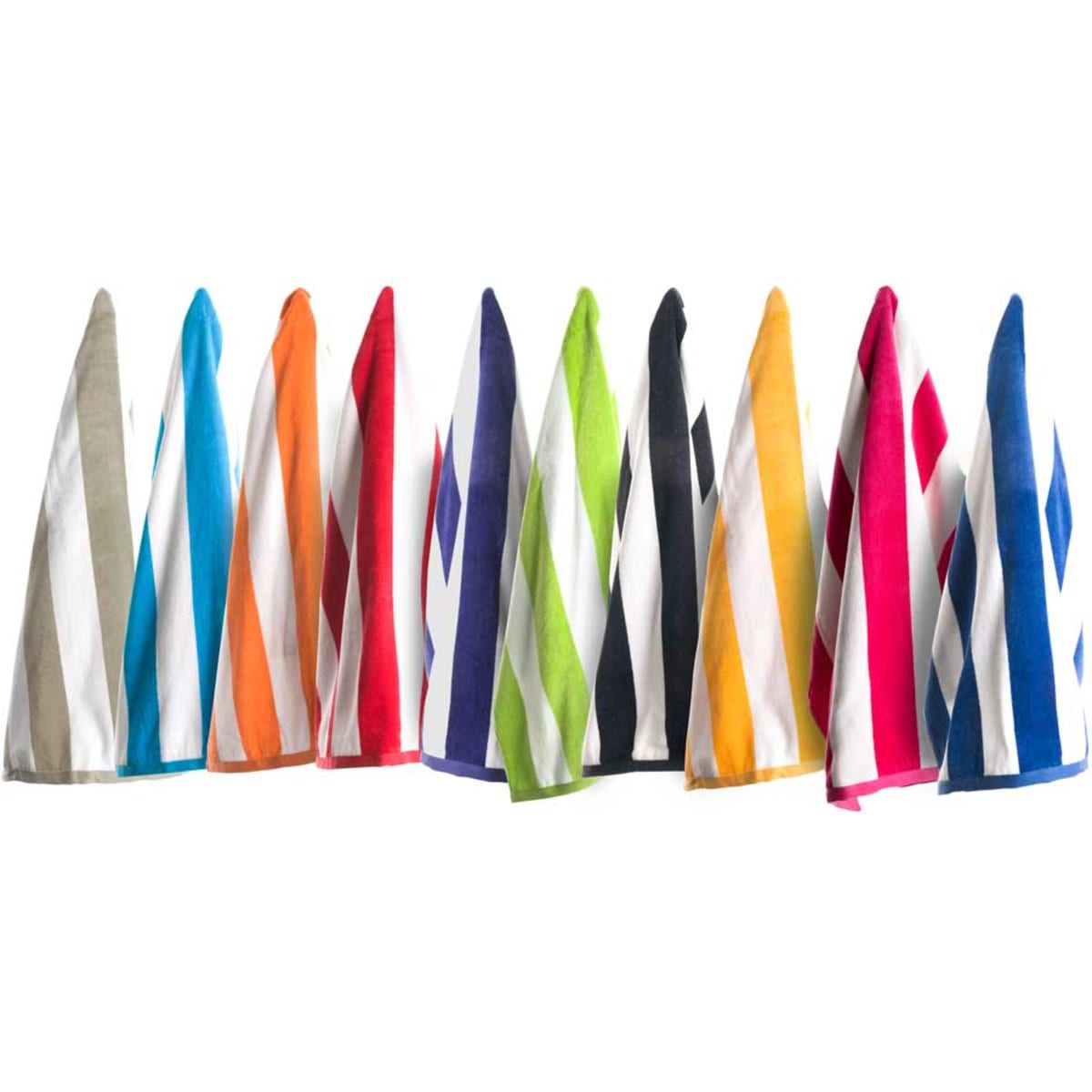 A collection of colourful towels in various shades, featuring stripes and a logo on each towel.