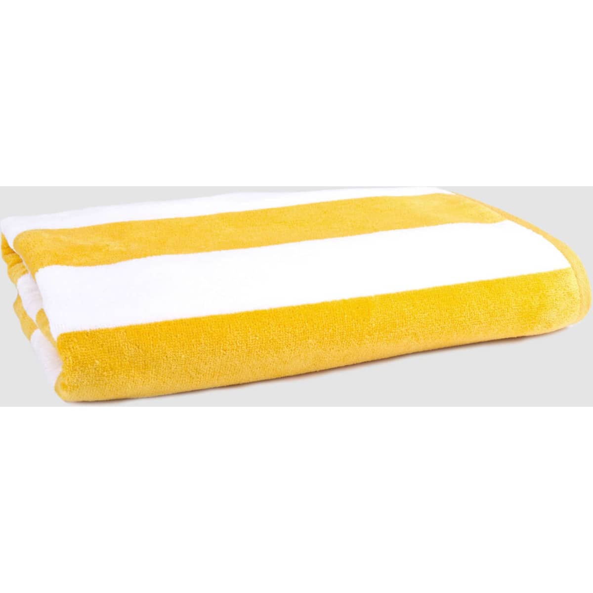 A folded pool towel featuring yellow and white stripes, made from 450 gsm material, with a logo present.