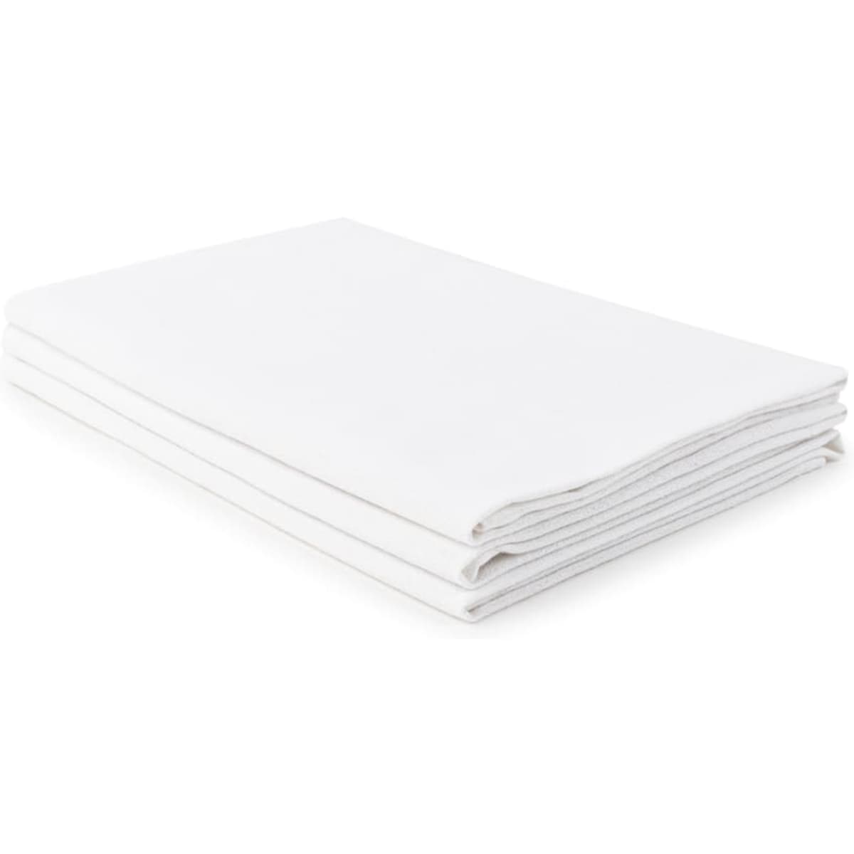 A stack of three folded white cotton tea towels, showcasing a soft fabric texture suitable for kitchen use.