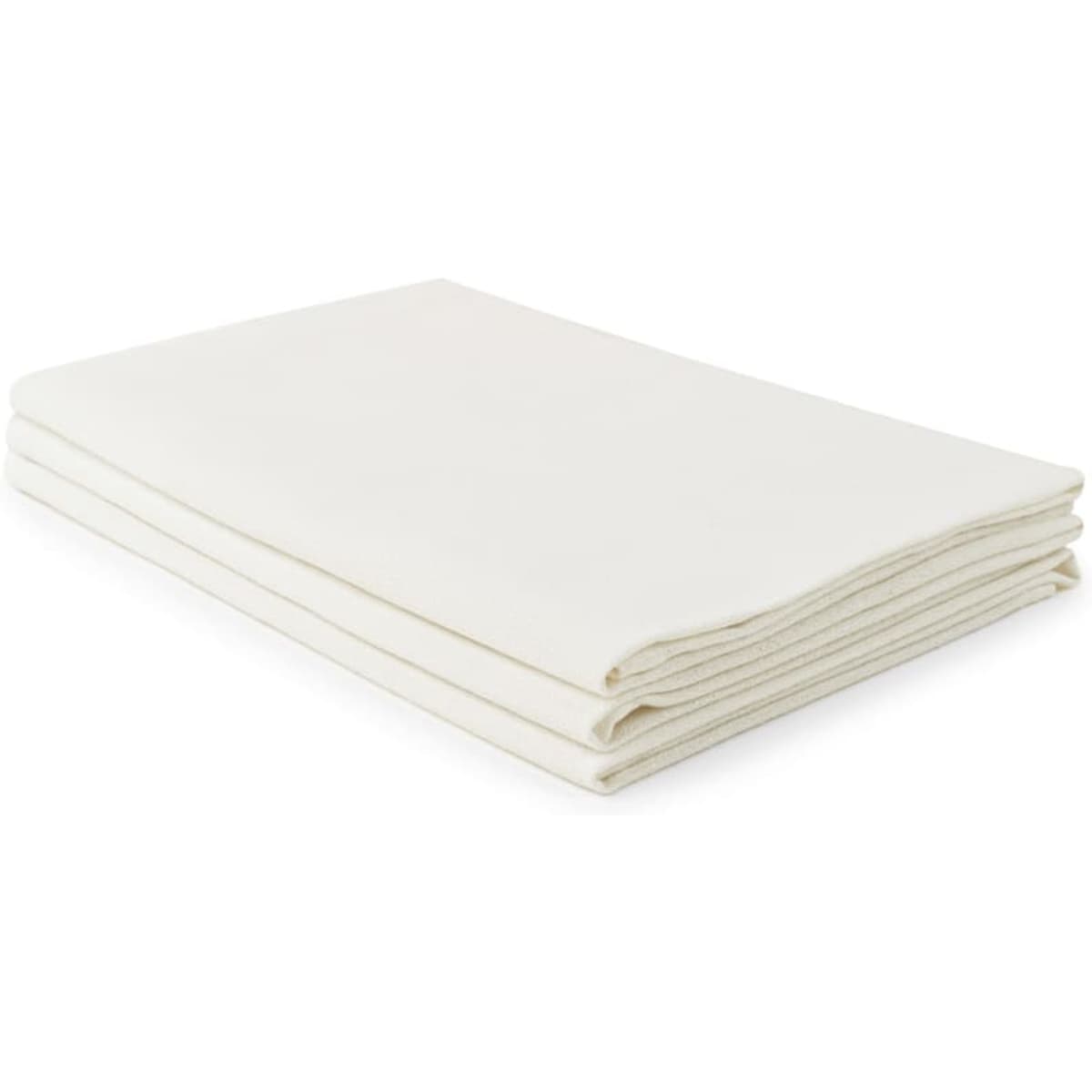 A cotton linen tea towel in white, composed of 260 gsm fabric, stacked neatly. Features a brand logo.