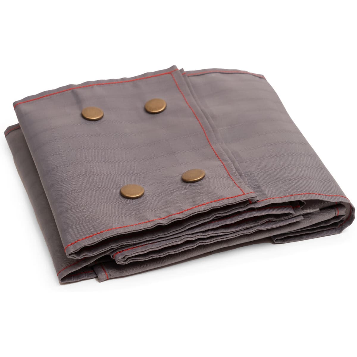 A grey laundry bag with red stitching, folded and secured with three bronze buttons, featuring a simple design.