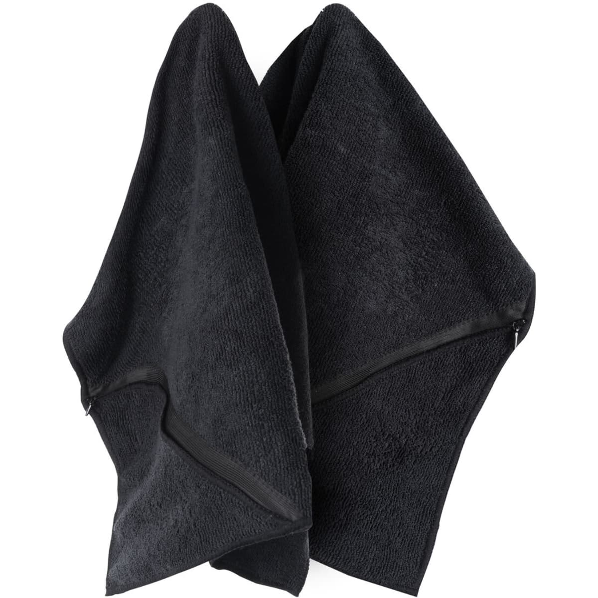 Two black microfibre sports towels with zippers, showcasing a soft texture suitable for gym use and outdoor activities.