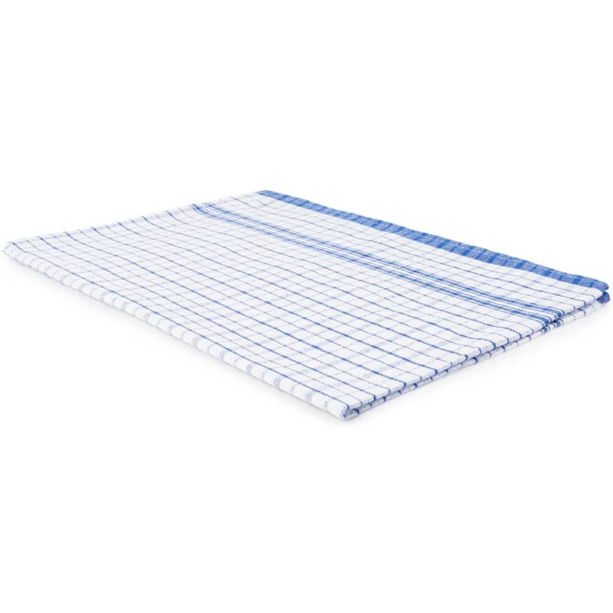 A tea towel in blue and white featuring a checked pattern, made from 100% cotton, with a branding logo.