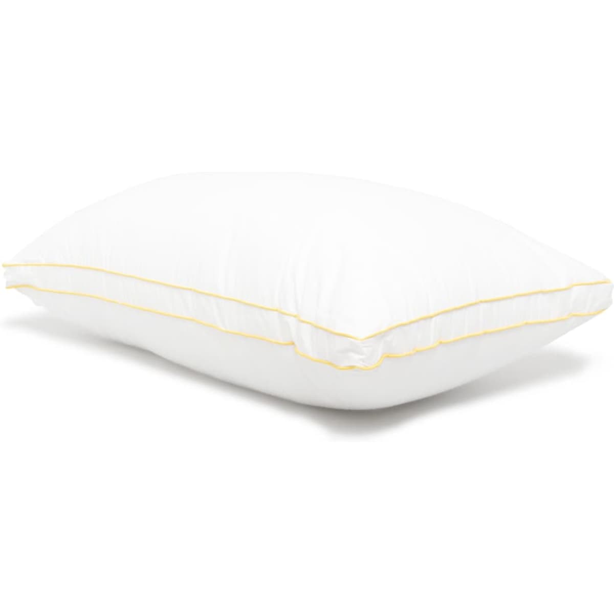 A white pillow with a firm texture, featuring a yellow trim and a subtle logo on one side.