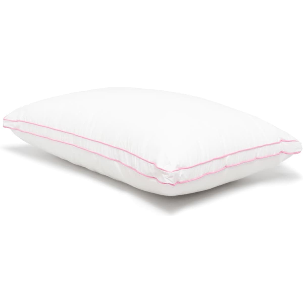 A soft, white pillow with a pink trim, featuring a smooth fabric surface and a plush design.