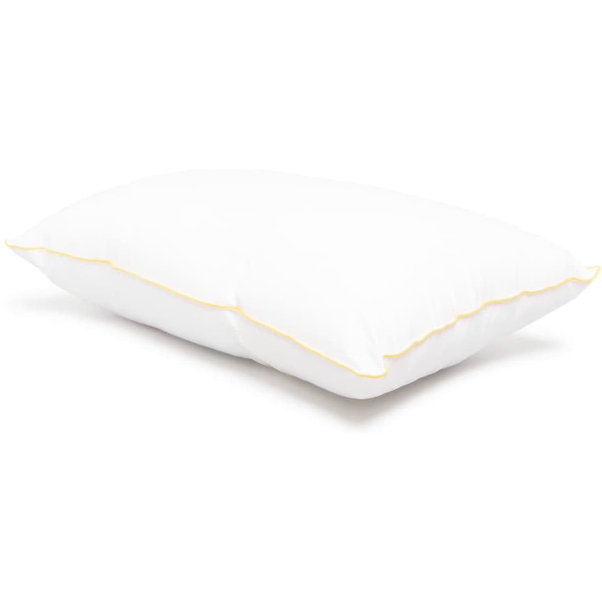 A white pillow with yellow trimming, designed for firm support, featuring a smooth surface and a fluffy appearance.