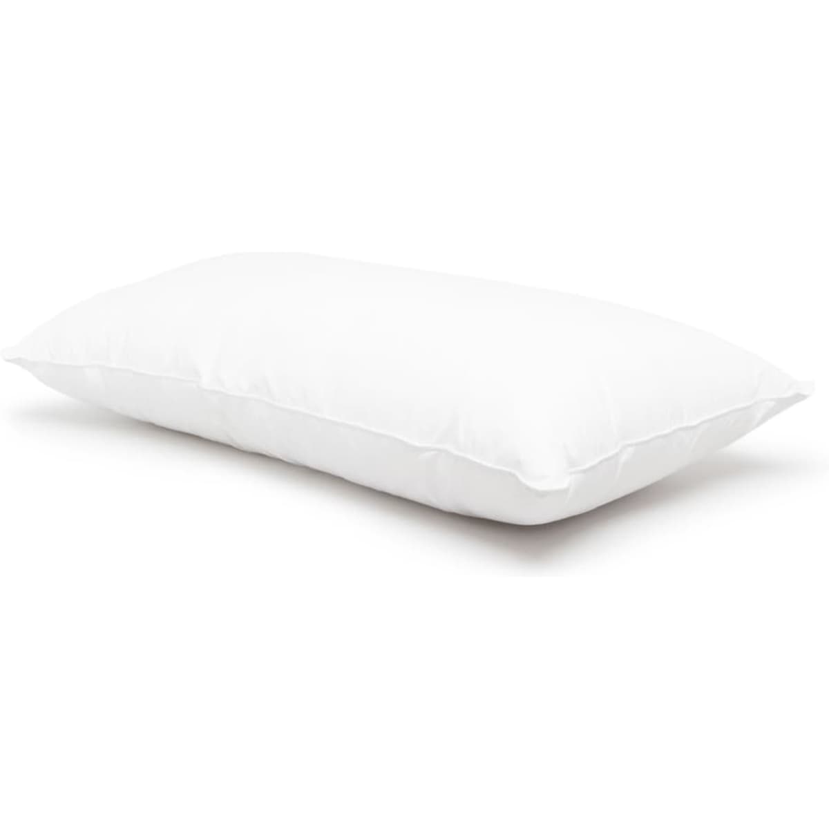 A white pillow, rectangular in shape, with a soft, plush surface. It features a logo on one side.