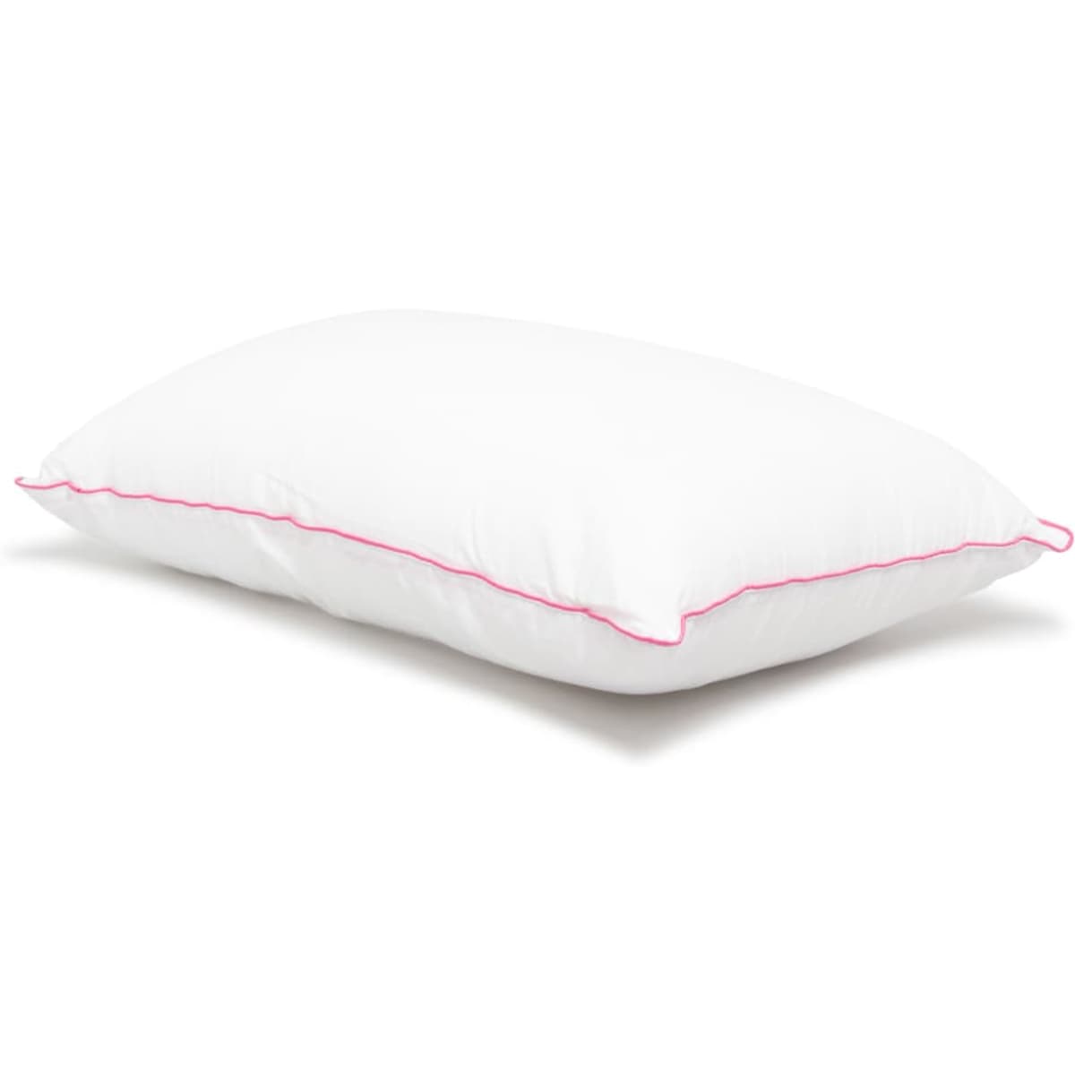 A soft white pillow with pink piping, featuring a standard size and filled with fibres. It has a logo on one side.