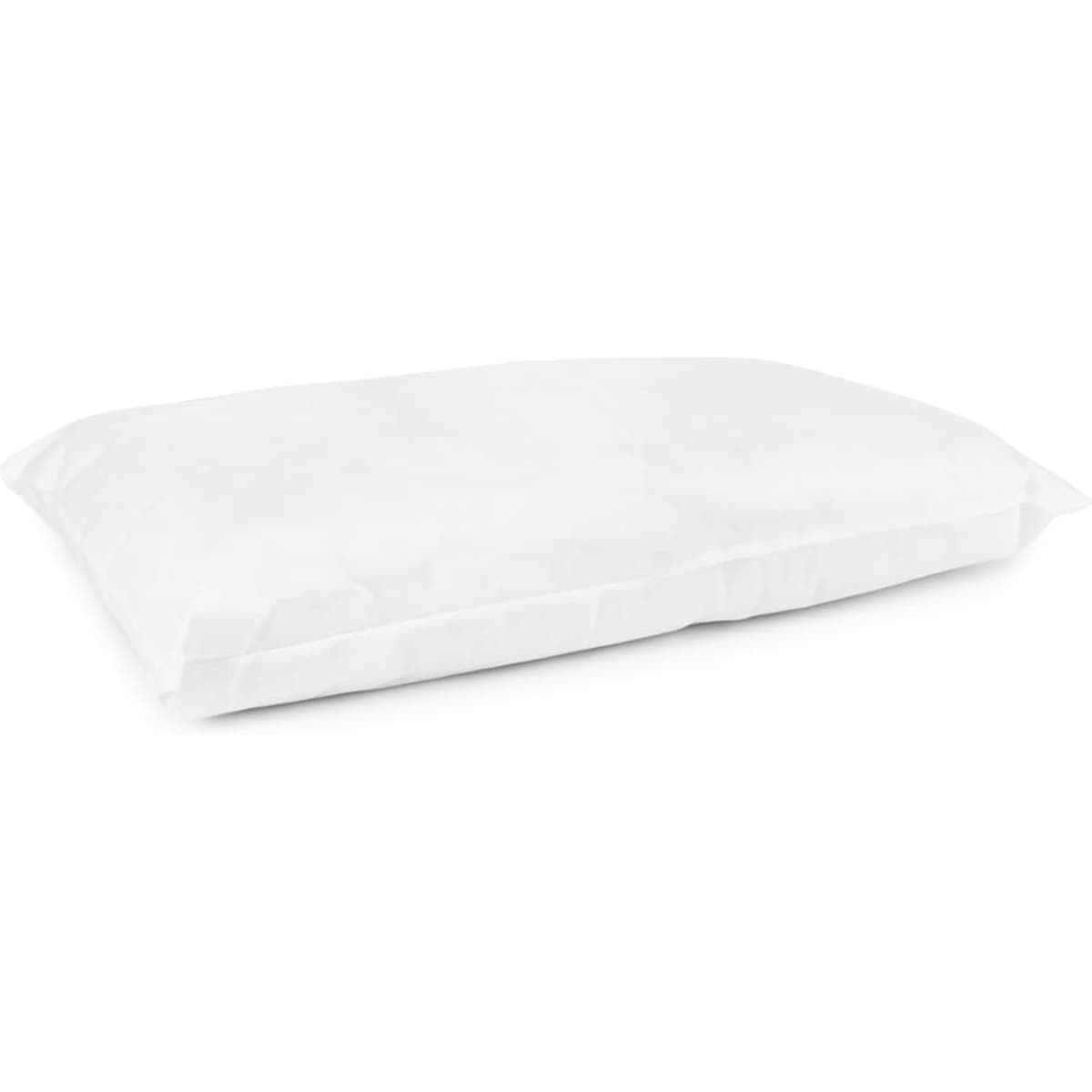 A white standard pillow with a smooth texture, featuring a logo on one side, and designed to be stain resistant.