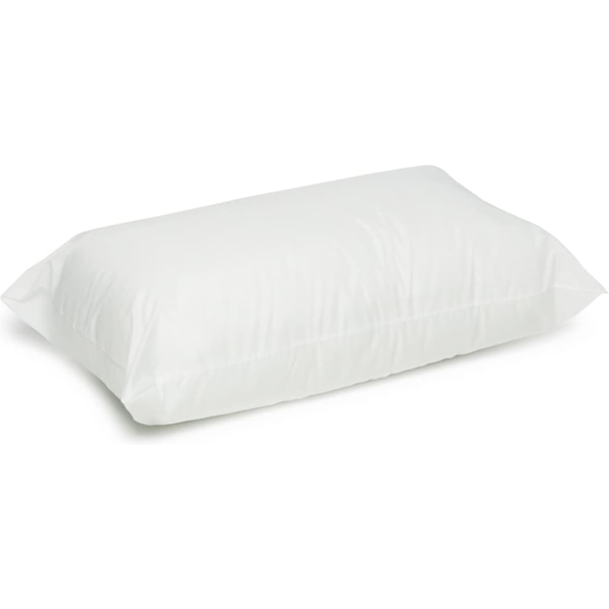 A white healthcare pillow with a soft, plush appearance and a smooth exterior. It features a logo on the side.