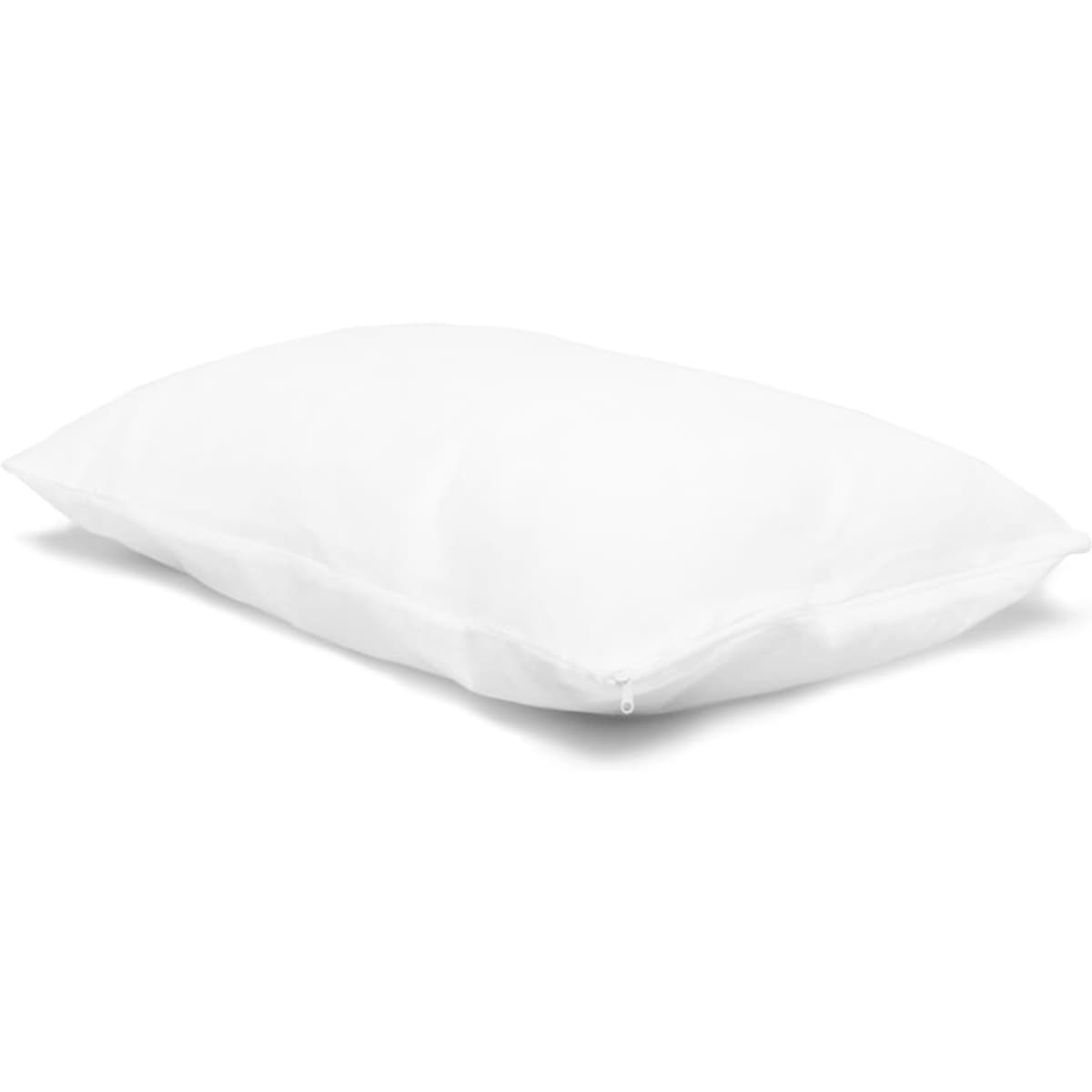 A white non-woven pillow protector in a king size with a zip closure.